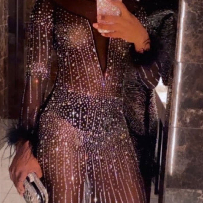 Fashion Nova Black Sheer Maxi Dress With Crystal Stripe Embellishments